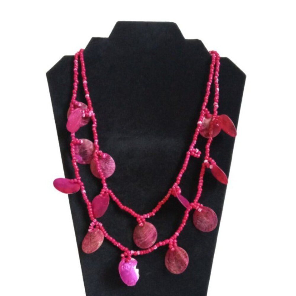 Pink Dyed Mother of Pearl Discs Double Strand Statement Necklace Fair Condition